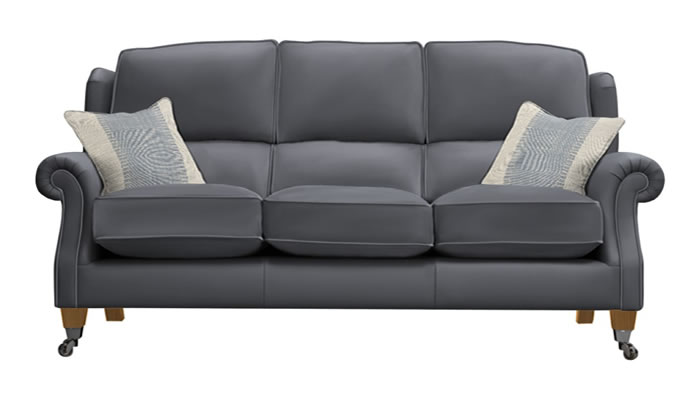 Parker Knoll Henley 3 Seater Sofa in Madri Midnight Leather with Marjorelle Stripe Sky Scatters and Teak Legs